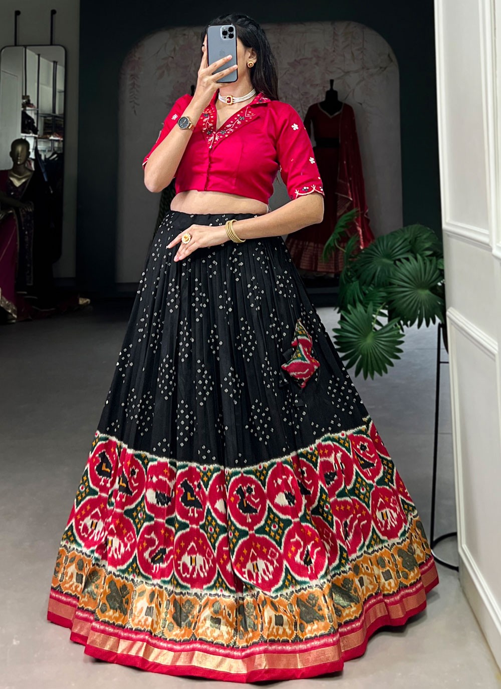 Bandhej Tussar Silk Readymade Lehenga Choli - L2925