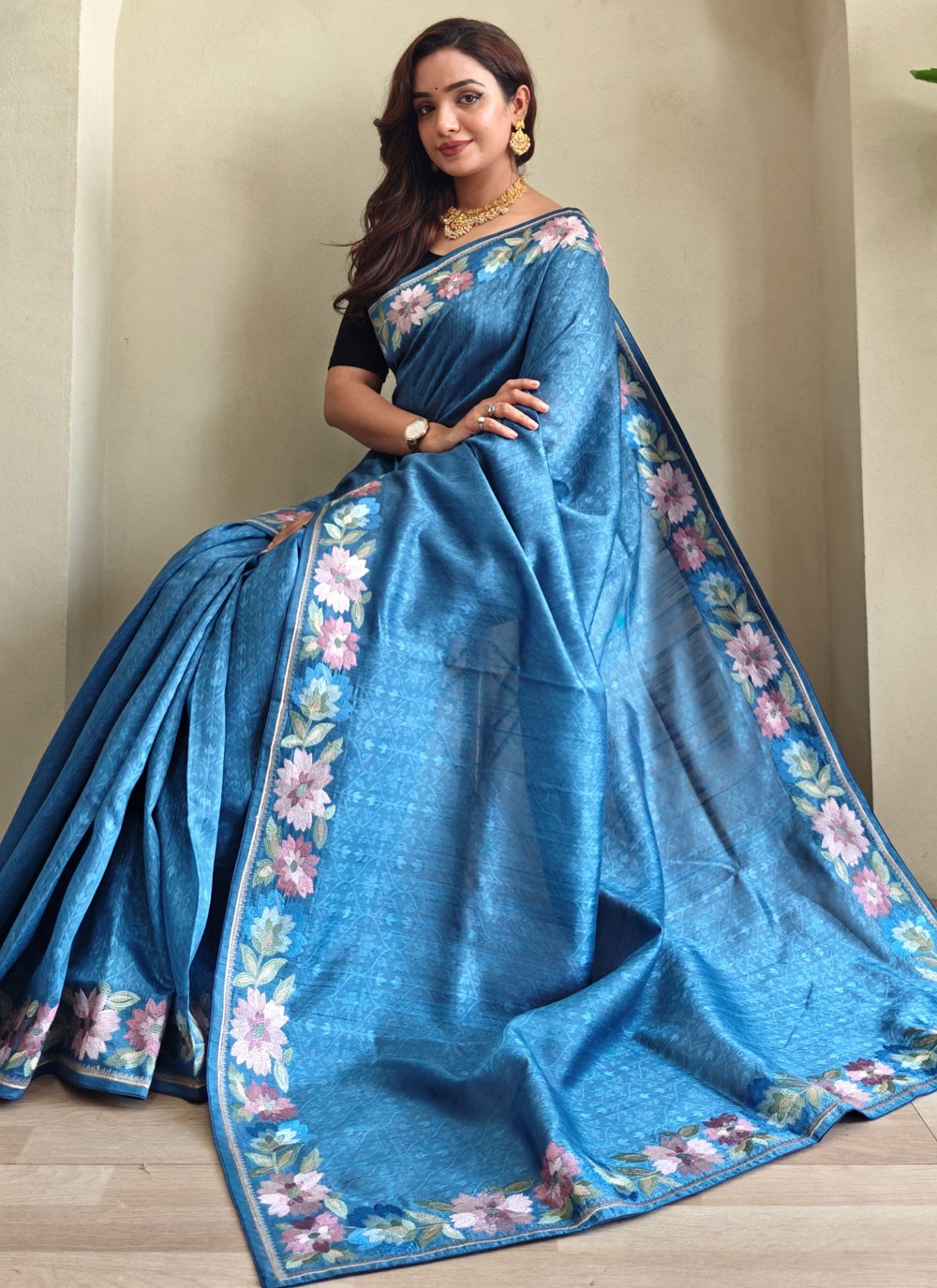 Blue Tussar Silk Classic Saree Border Work, Thread S17279