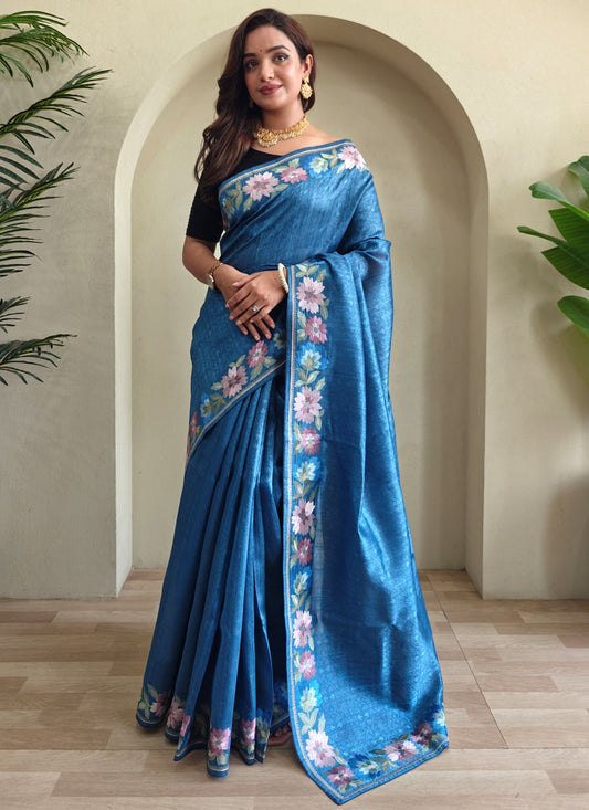 Blue Tussar Silk Classic Saree Border Work, Thread S17279