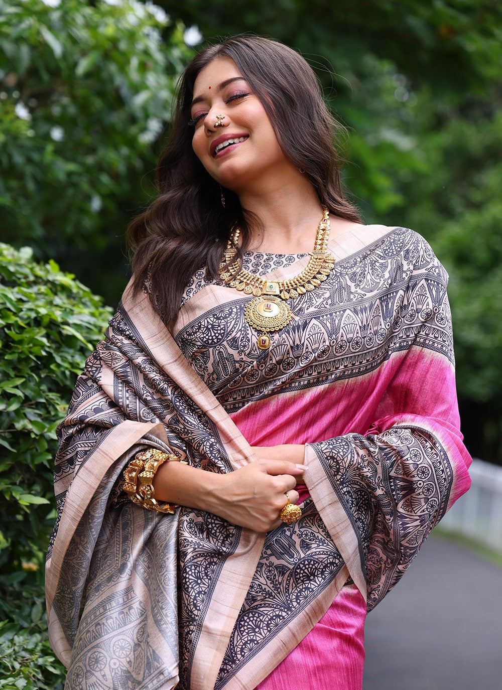 Contemporary Printed Pink Tussar Silk S12538