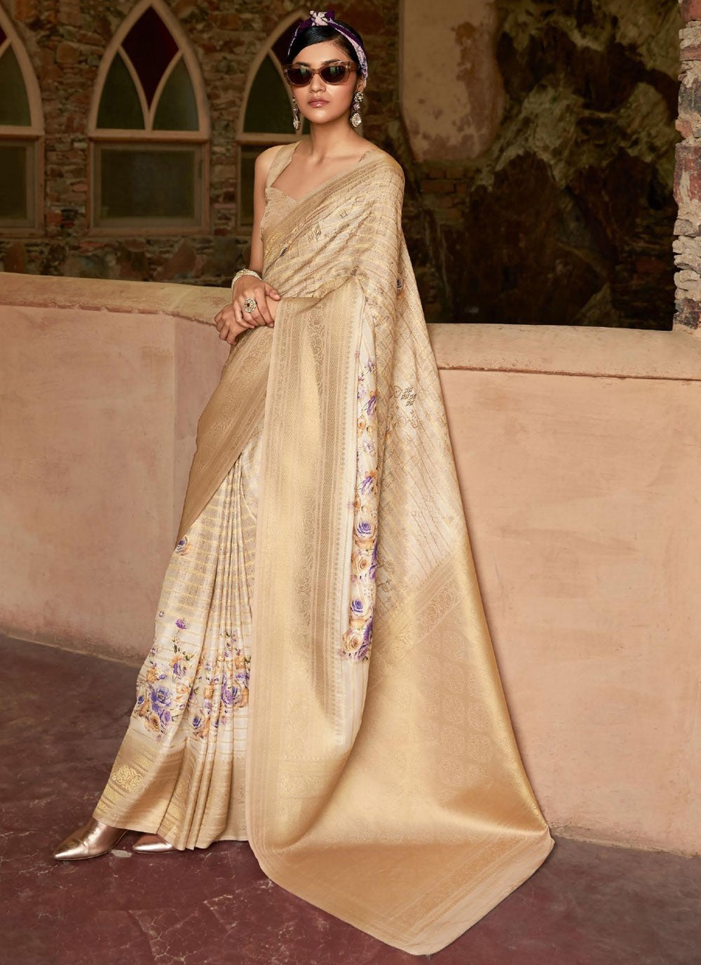 Contemporary Digital Print Cream Tussar Silk Saree S13225
