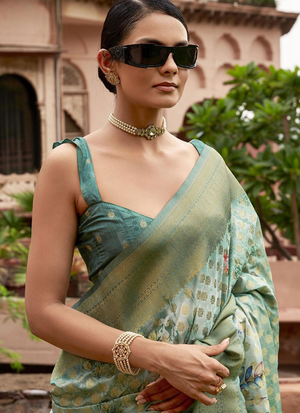 Designer Digital Print Sea Green Tussar Silk Saree S13232
