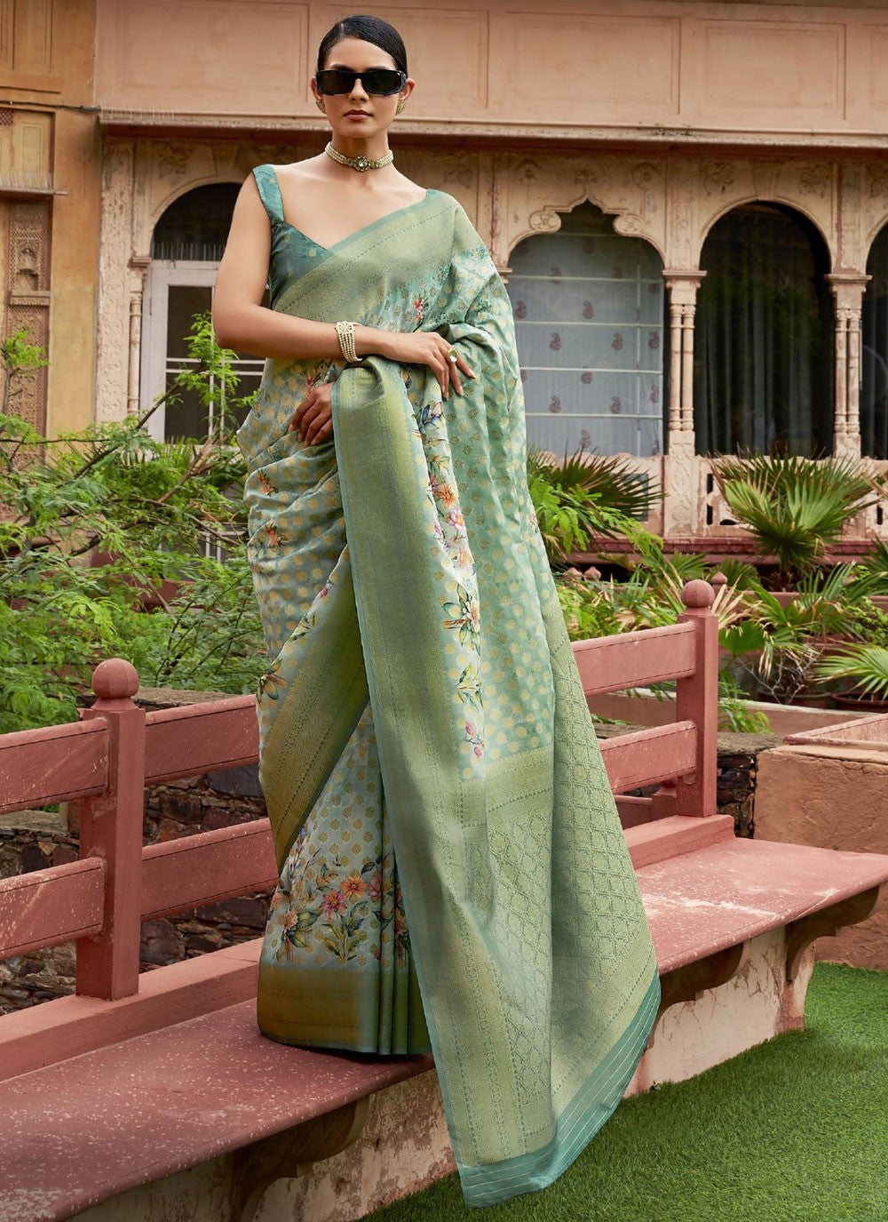 Designer Digital Print Sea Green Tussar Silk Saree S13232