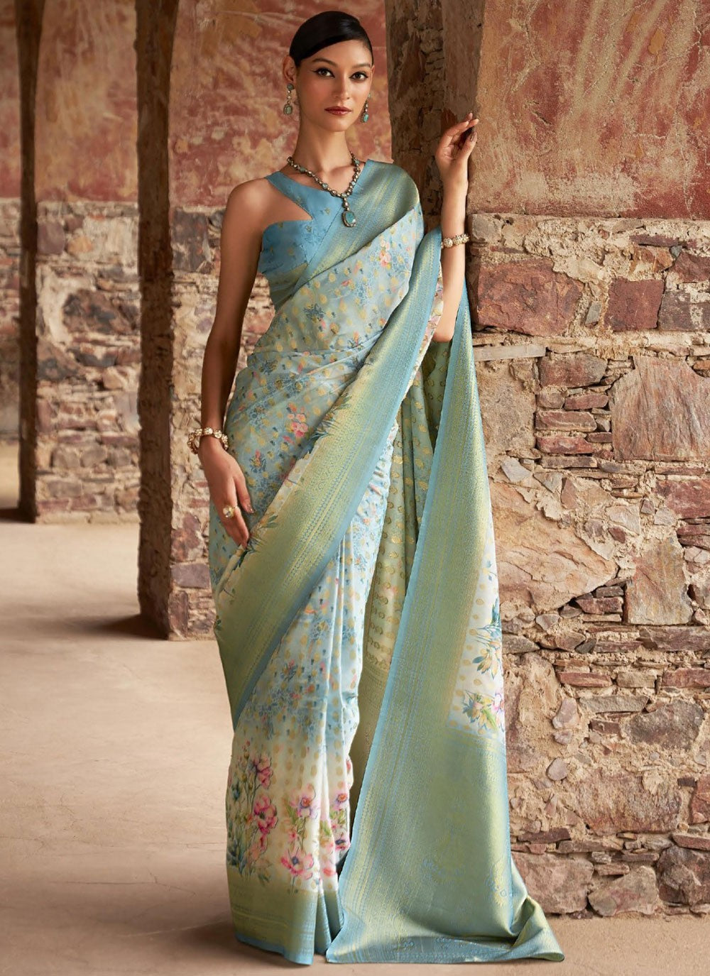 Designer Digital Print Blue Tussar Silk Saree S13226