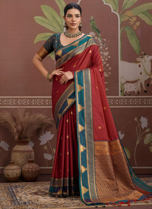Red Tussar Silk Traditional Saree Weaving Zari S19910