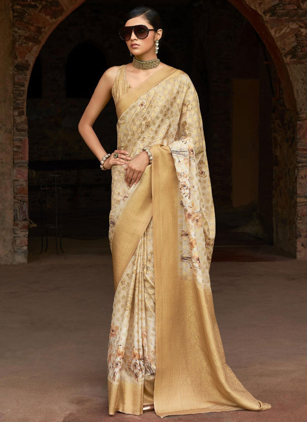 Contemporary Digital Print Beige Tussar Silk Saree S13230