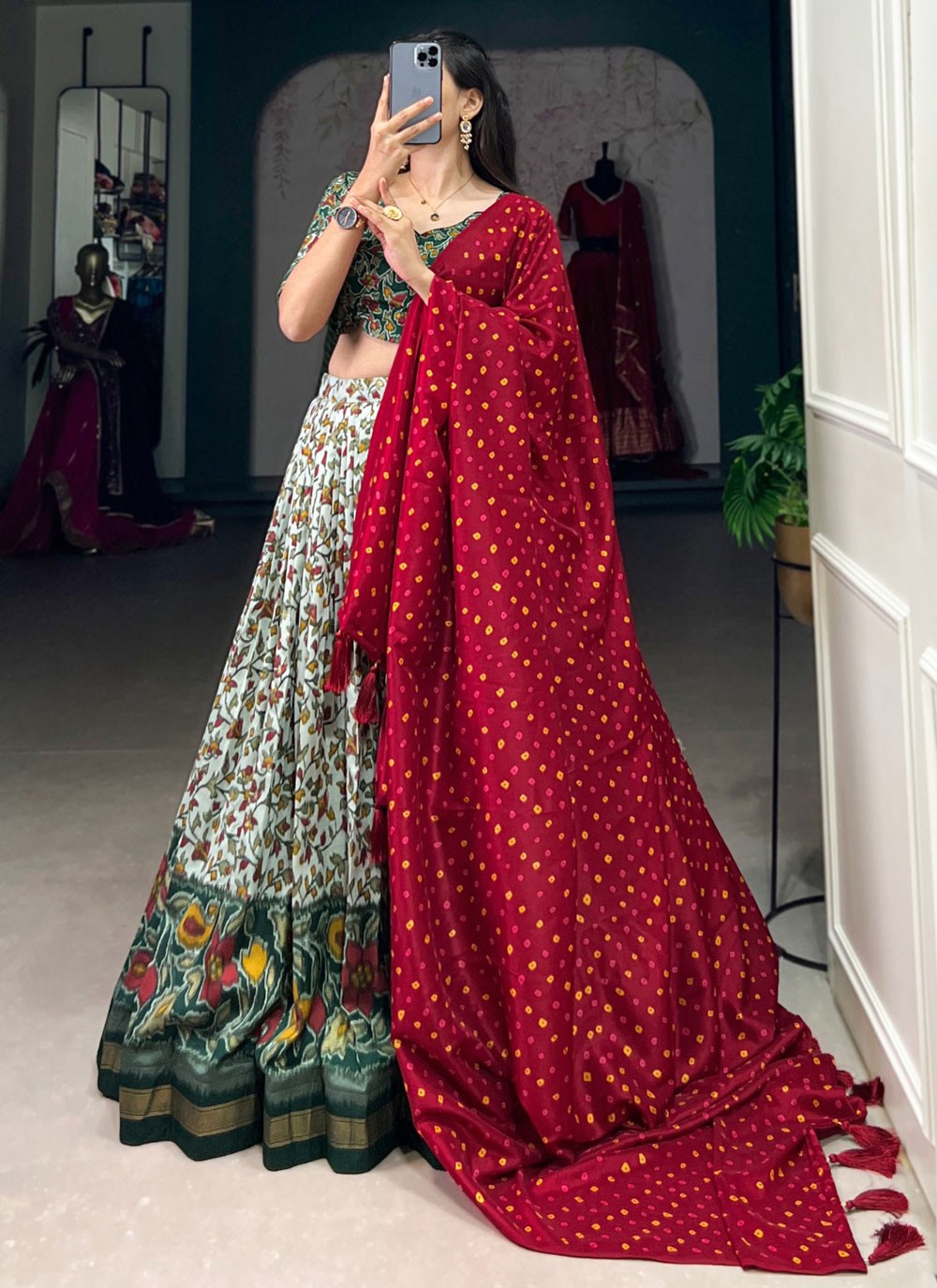 Floral Printed Tussar Silk Aqua Blue, Green Lehenga - L3201