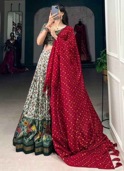 Floral Printed Tussar Silk Aqua Blue, Green Lehenga - L3201