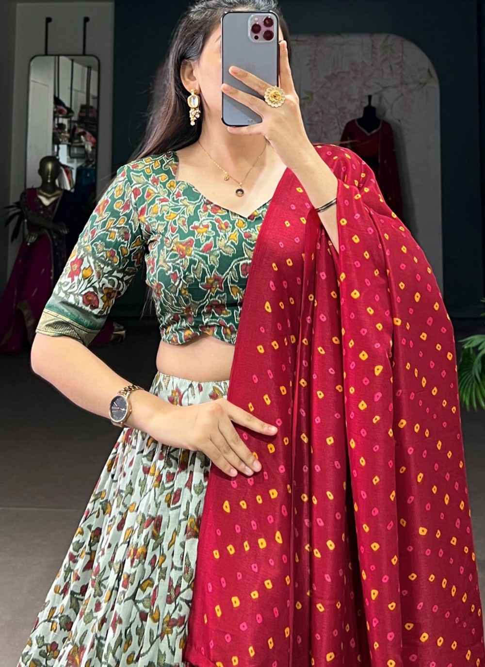 Floral Printed Tussar Silk Aqua Blue, Green Lehenga - L3201