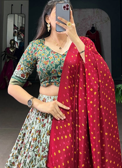 Floral Printed Tussar Silk Aqua Blue, Green Lehenga - L3201