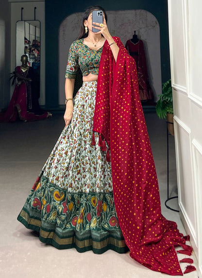 Floral Printed Tussar Silk Aqua Blue, Green Lehenga - L3201