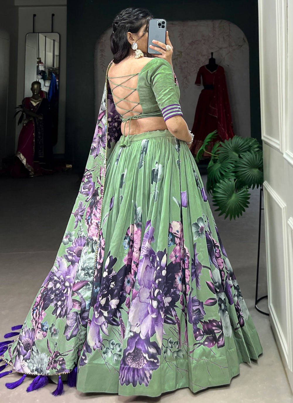 Floral Printed Tussar Silk A - Line Lehenga - L2573