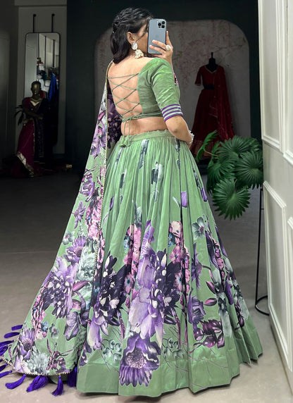Floral Printed Tussar Silk A - Line Lehenga - L2573