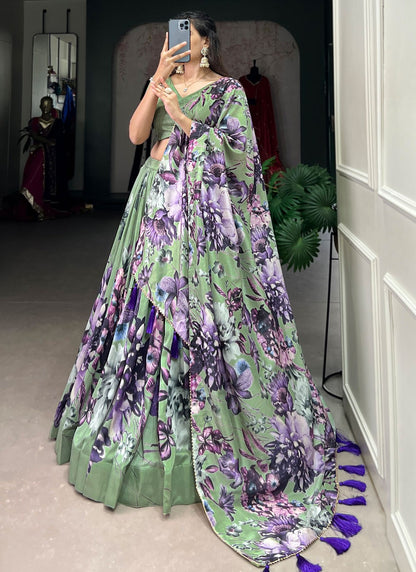 Floral Printed Tussar Silk A - Line Lehenga - L2573