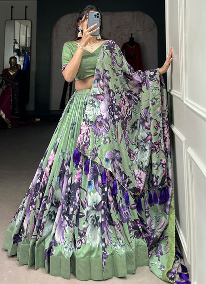 Floral Printed Tussar Silk A - Line Lehenga - L2573