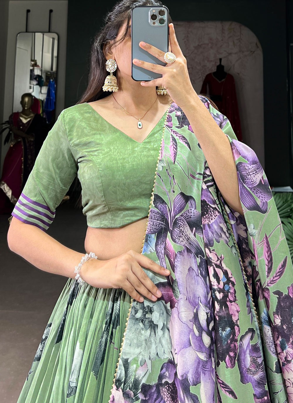 Floral Printed Tussar Silk A - Line Lehenga - L2573