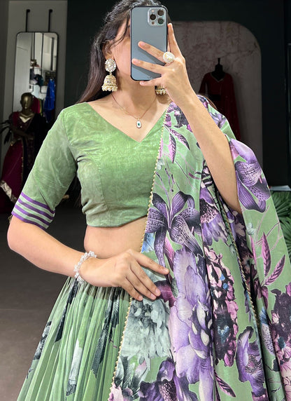 Floral Printed Tussar Silk A - Line Lehenga - L2573