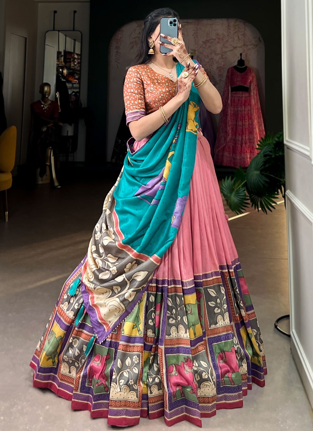 Foliage Prints Tussar Silk Peach, Pink Lehenga - L3220