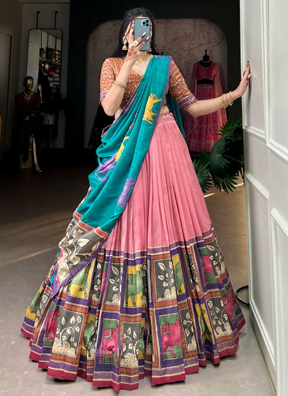 Foliage Prints Tussar Silk Peach, Pink Lehenga - L3220