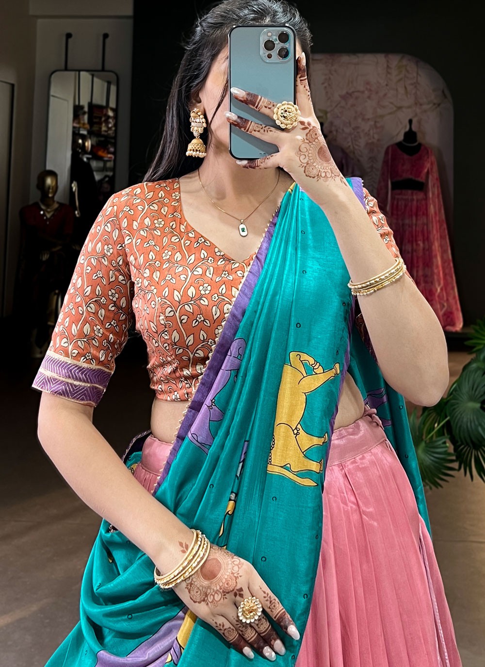 Foliage Prints Tussar Silk Peach, Pink Lehenga - L3220