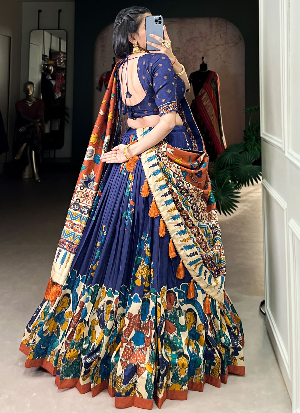 Foliage Prints Tussar Silk Navy Blue Lehenga - L3426