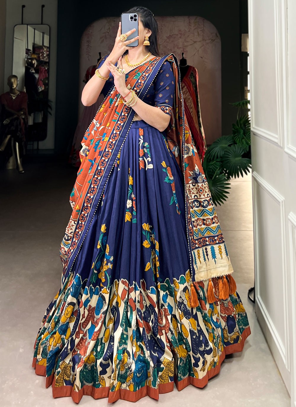 Foliage Prints Tussar Silk Navy Blue Lehenga - L3426