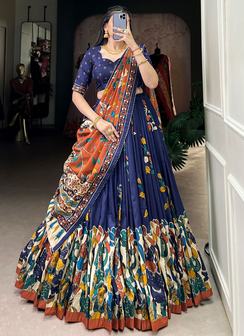 Foliage Prints Tussar Silk Navy Blue Lehenga - L3426