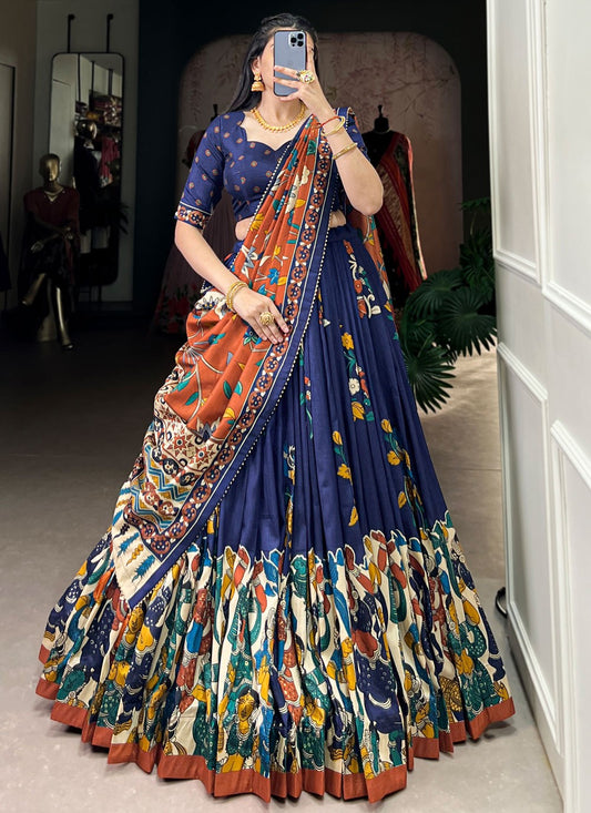 Foliage Prints Tussar Silk Navy Blue Lehenga - L3426