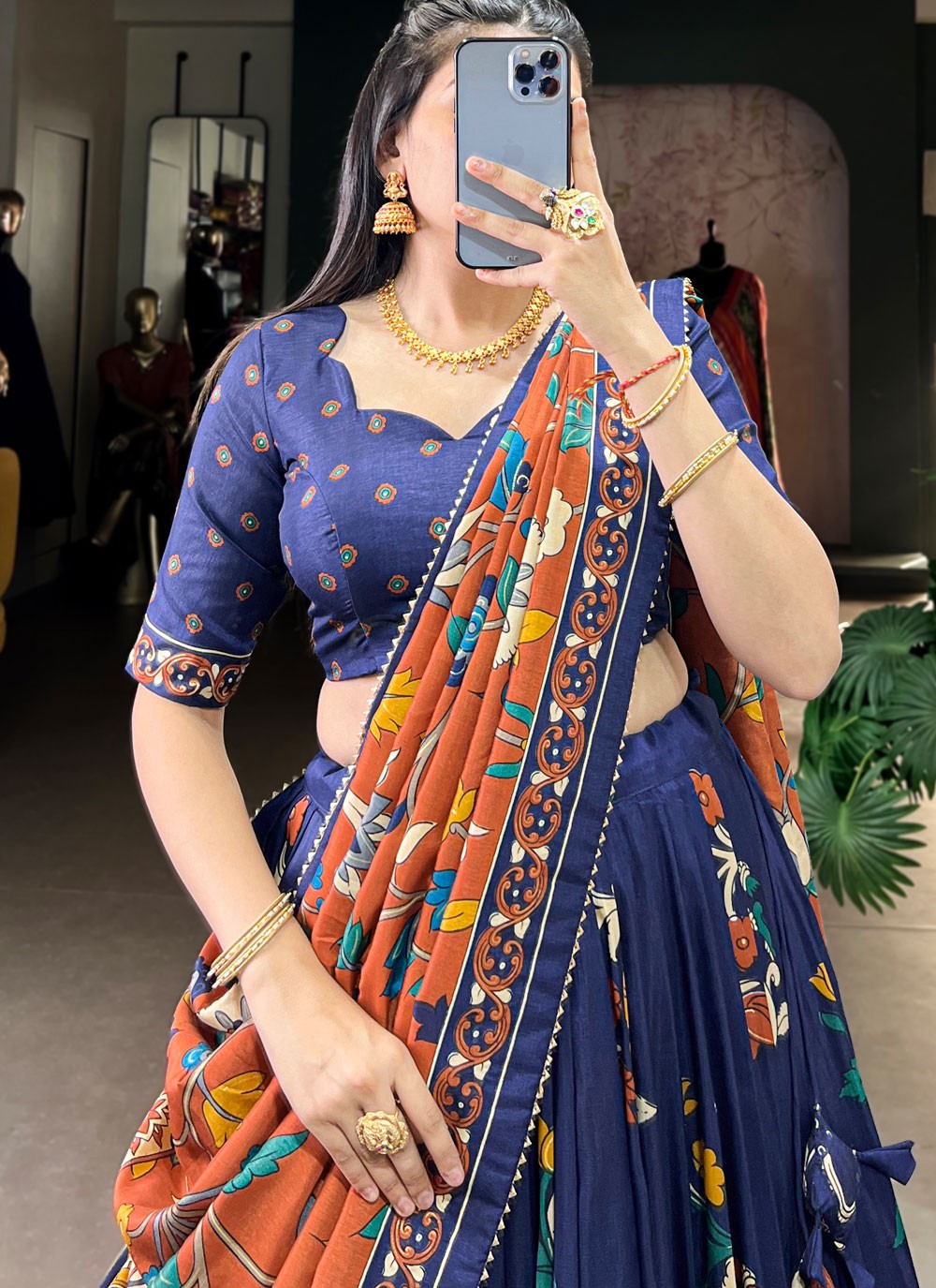 Foliage Prints Tussar Silk Navy Blue Lehenga - L3426