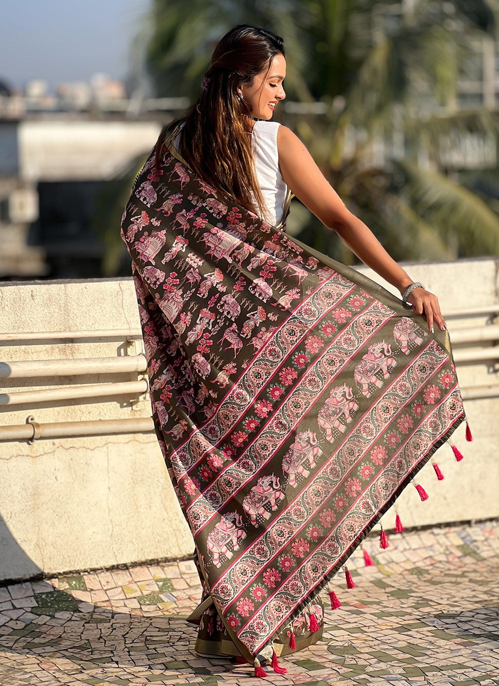 Border Work, Digital Print, Woven Tussar Silk Saree - S11795