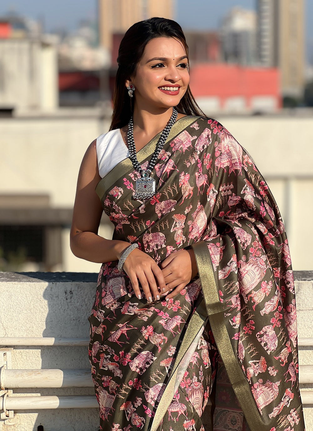 Border Work, Digital Print, Woven Tussar Silk Saree - S11795