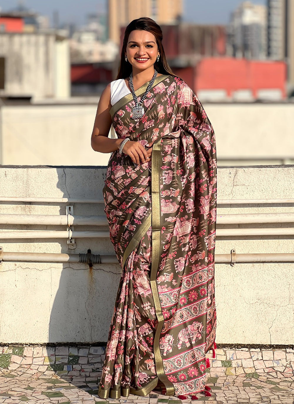 Border Work, Digital Print, Woven Tussar Silk Saree - S11795