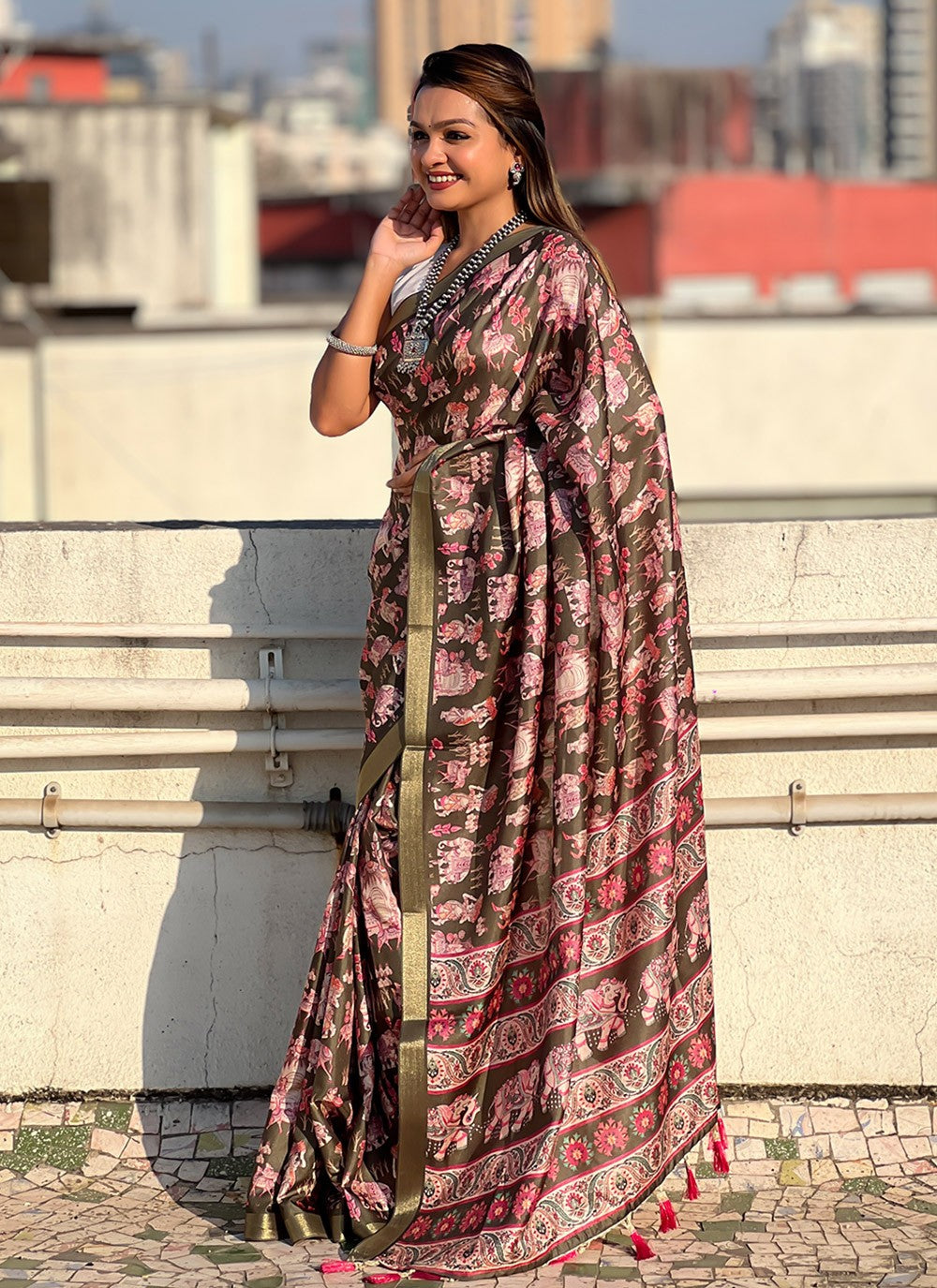 Border Work, Digital Print, Woven Tussar Silk Saree - S11795
