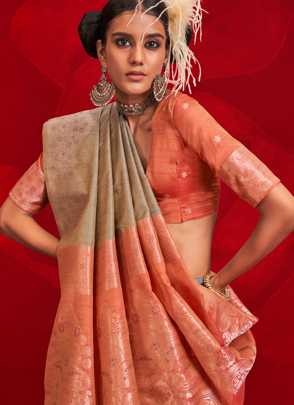 Classic Saree Weaving Zari Grey Tussar Silk S12989