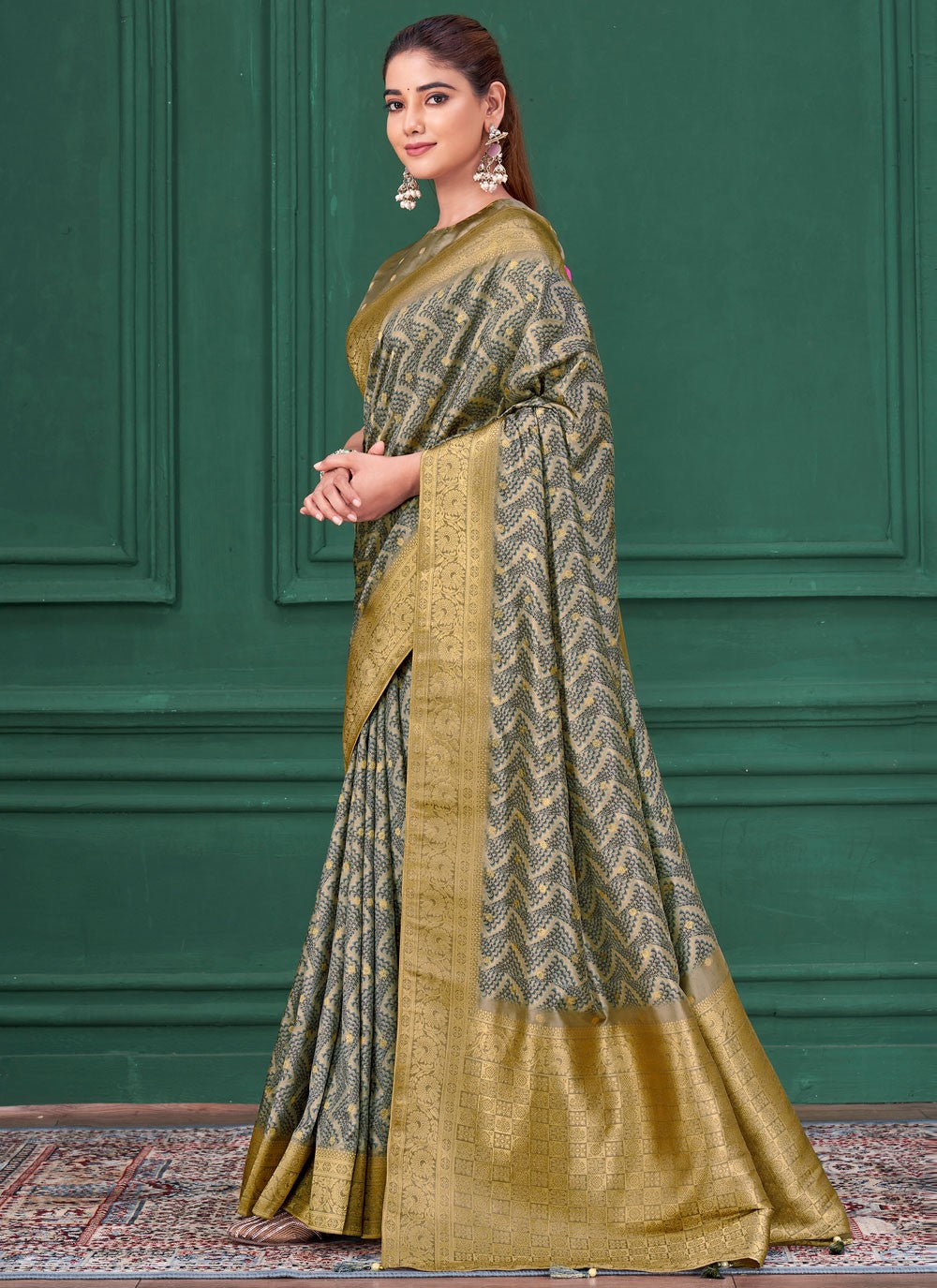 Grey Tussar Silk Designer Saree Abstract Print, Border Work, Jacquard Work S17790
