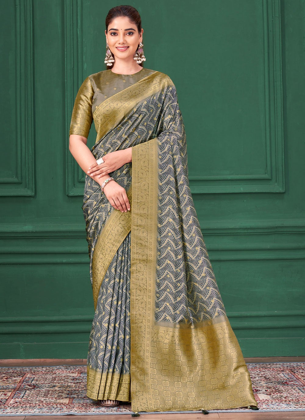 Grey Tussar Silk Designer Saree Abstract Print, Border Work, Jacquard Work S17790