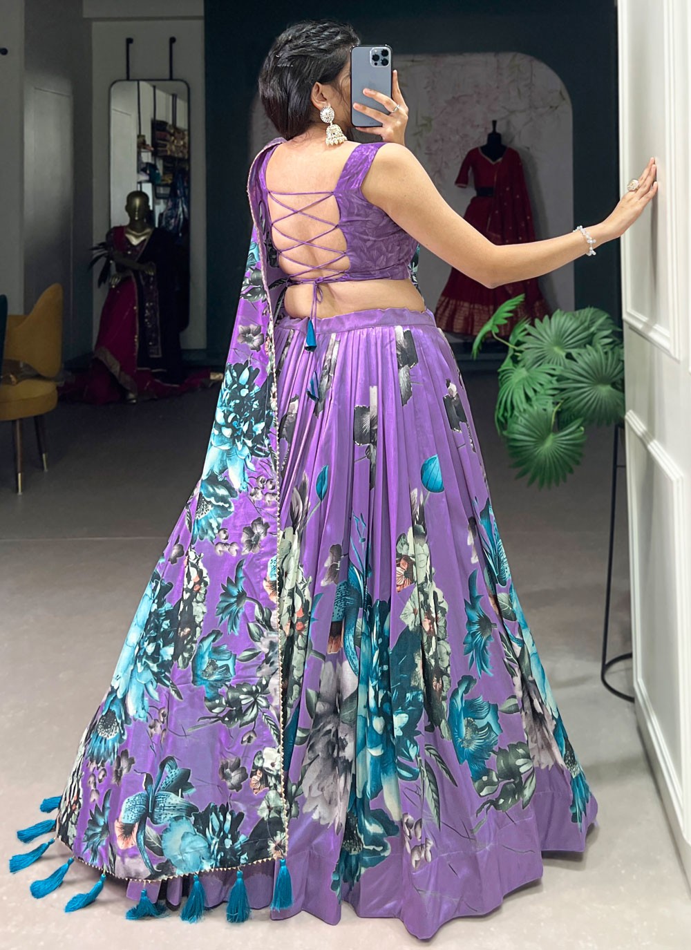 Floral Printed Tussar Silk A - Line Lehenga - L2573