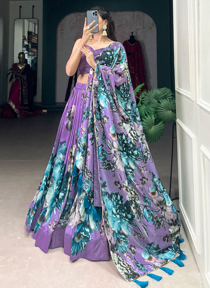 Floral Printed Tussar Silk A - Line Lehenga - L2573