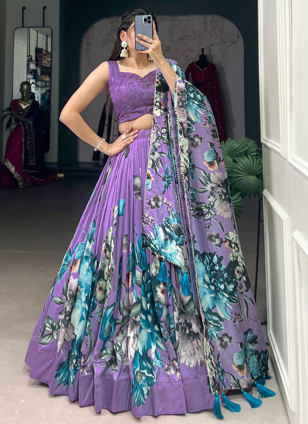 Floral Printed Tussar Silk A - Line Lehenga - L2573