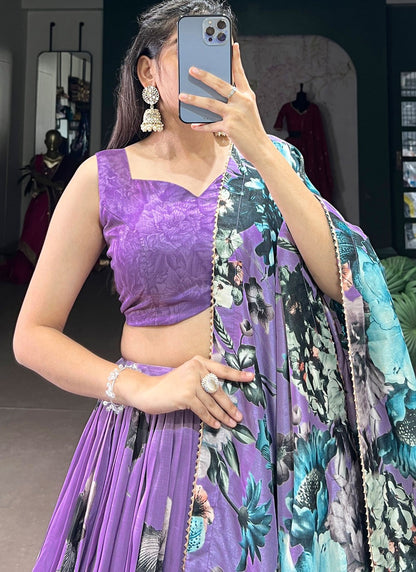 Floral Printed Tussar Silk A - Line Lehenga - L2573