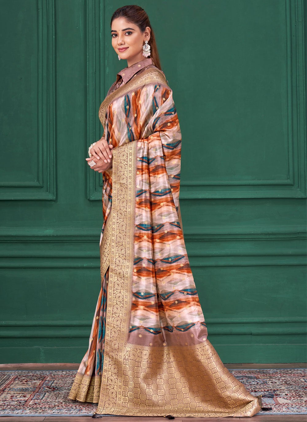 Multi Colour Tussar Silk Traditional Saree Abstract Print, Border Work, Jacquard Work S17791