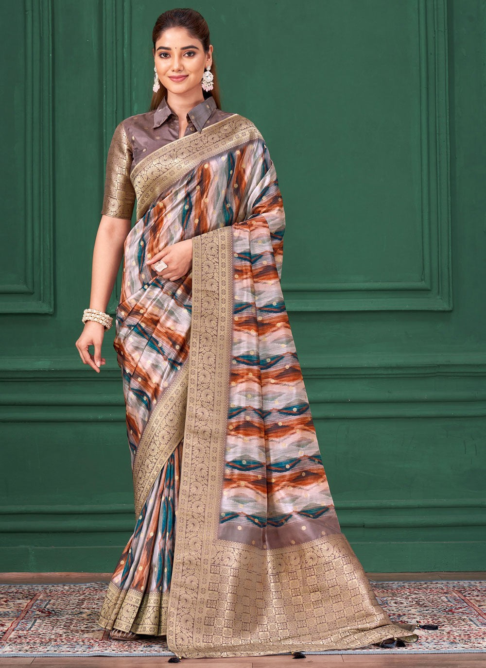 Multi Colour Tussar Silk Traditional Saree Abstract Print, Border Work, Jacquard Work S17791