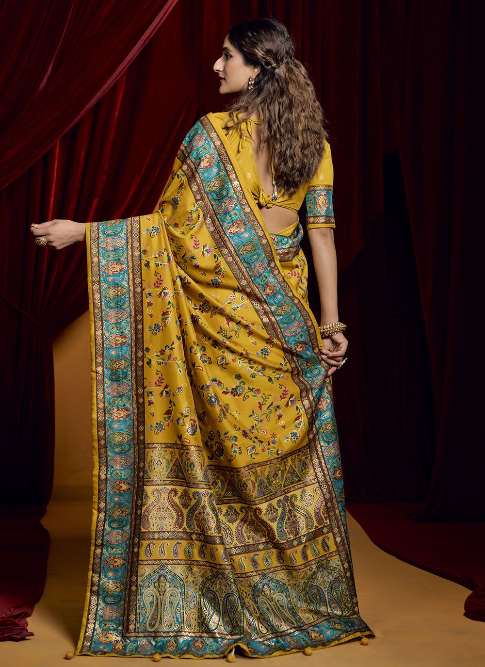 Paisley Printed Tussar Silk Mustard Trendy Saree S15399