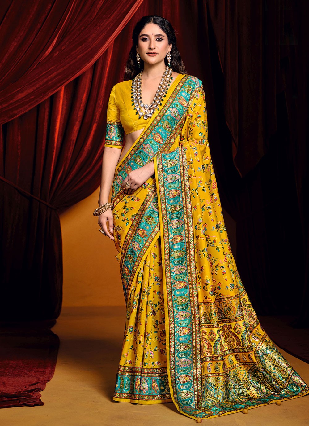 Paisley Printed Tussar Silk Mustard Trendy Saree S15399