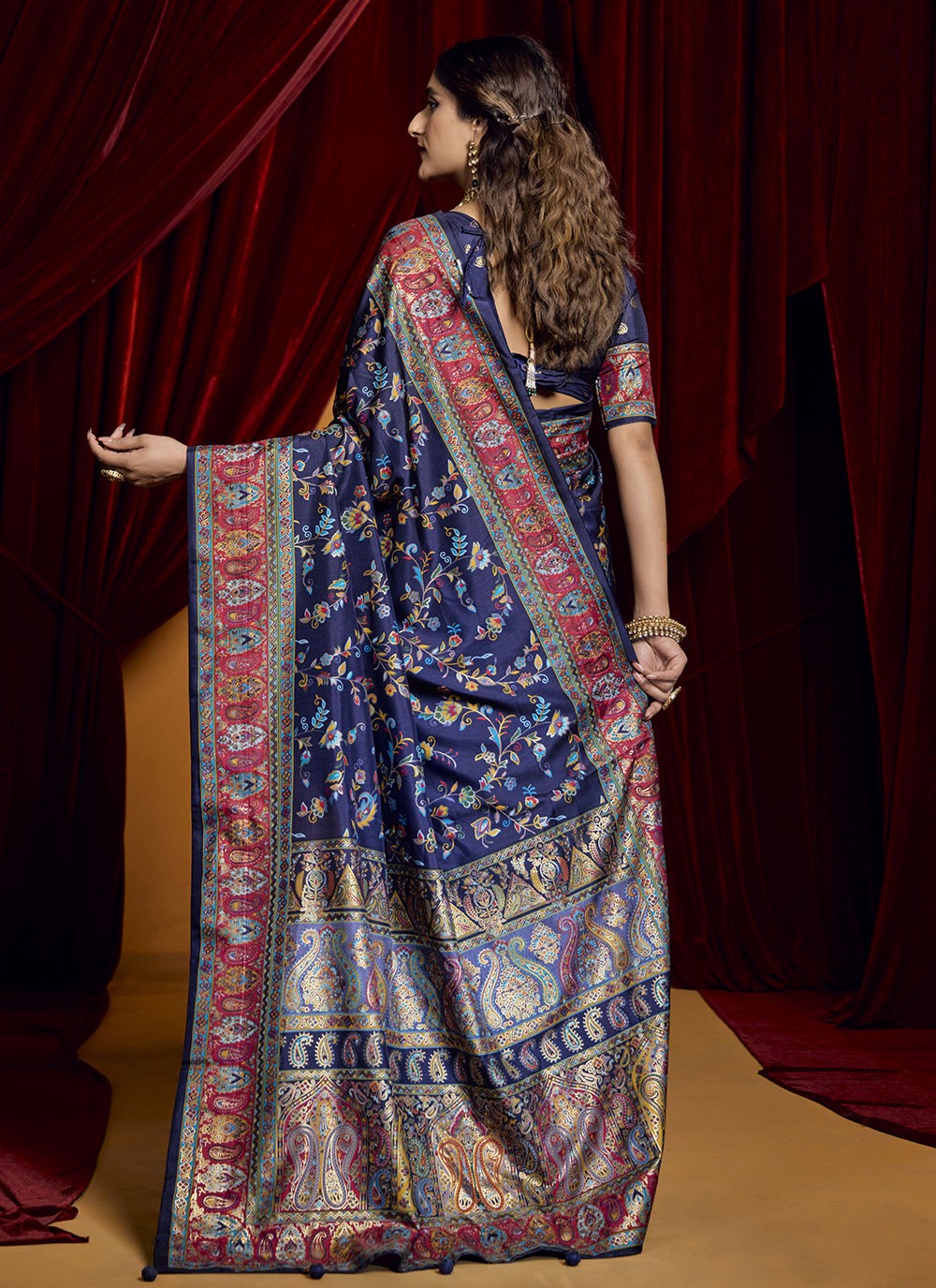 Paisley Printed Tussar Silk Navy Blue Classic Saree S15405