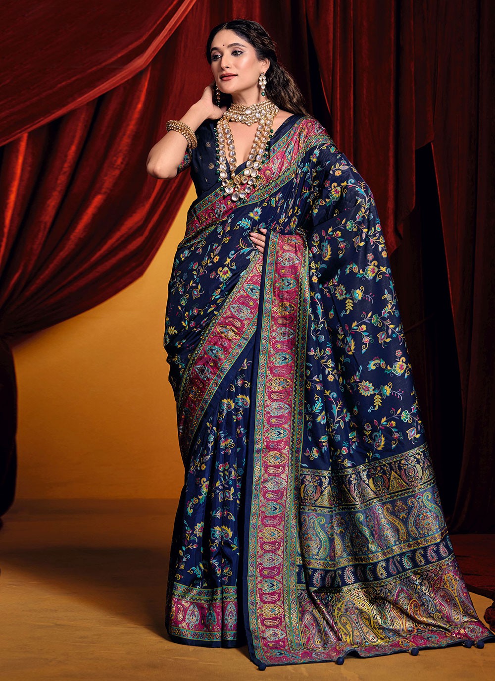 Paisley Printed Tussar Silk Navy Blue Classic Saree S15405