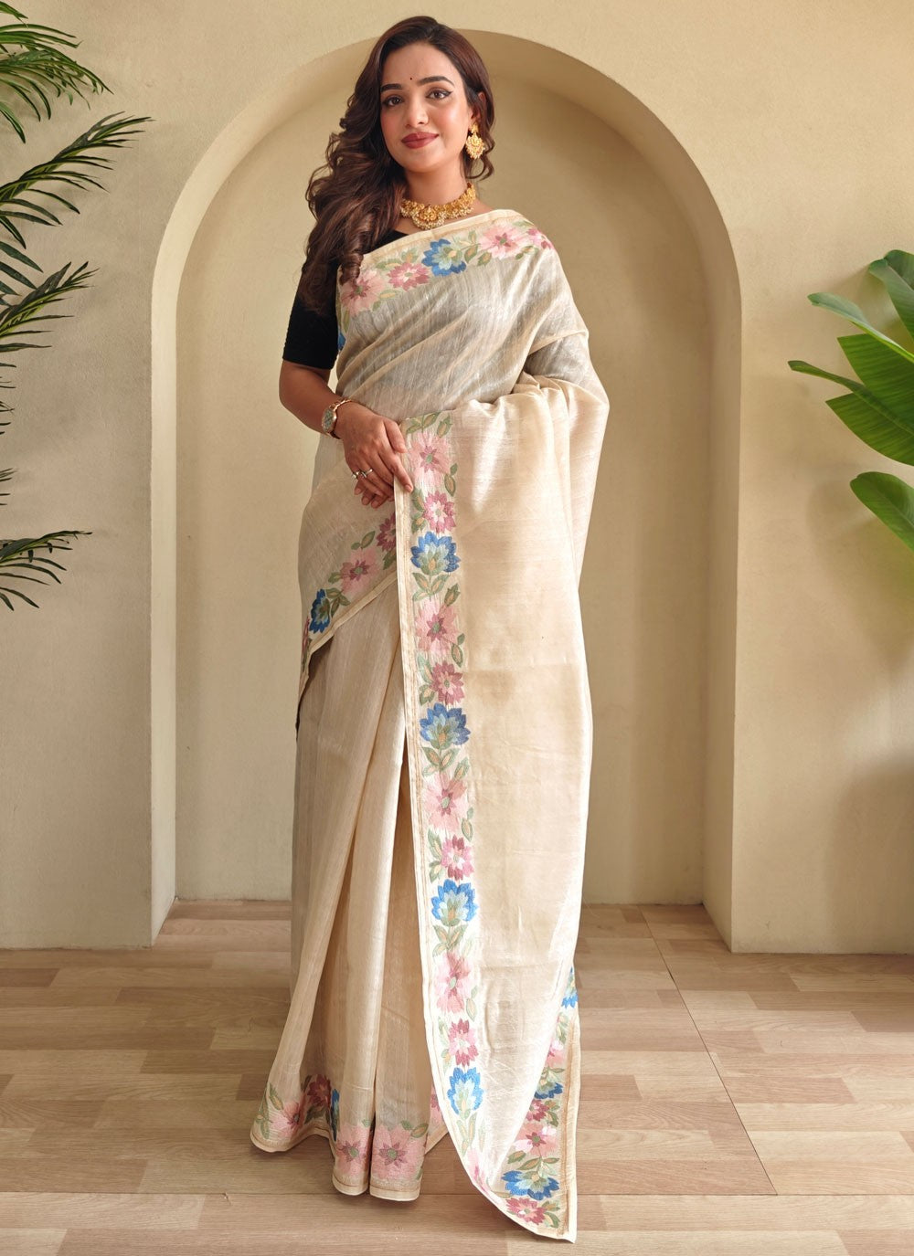 Off White Tussar Silk Designer Saree Border Work, Thread S17281