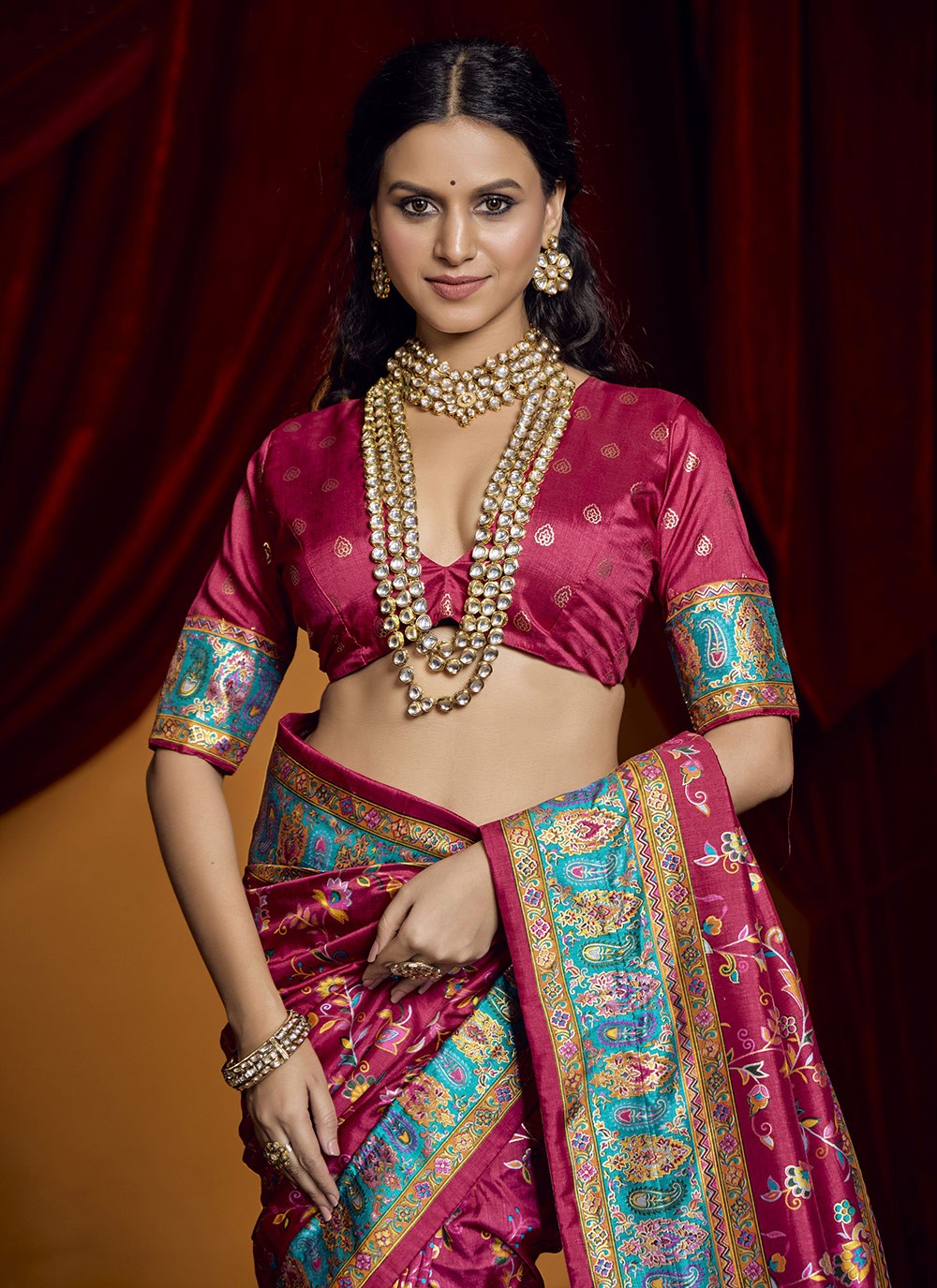Paisley Printed Tussar Silk Pink Classic Saree S15402
