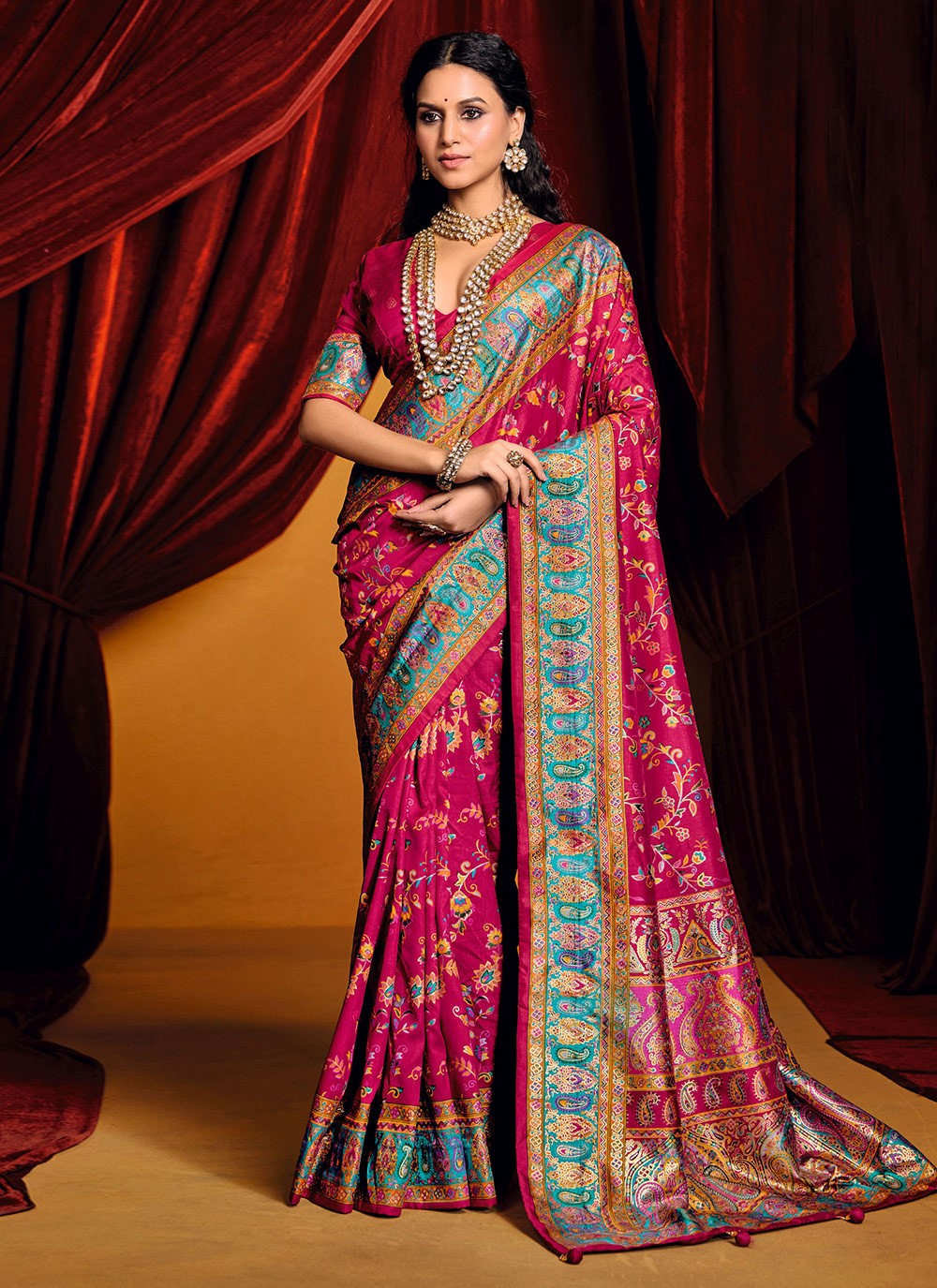 Paisley Printed Tussar Silk Pink Classic Saree S15402