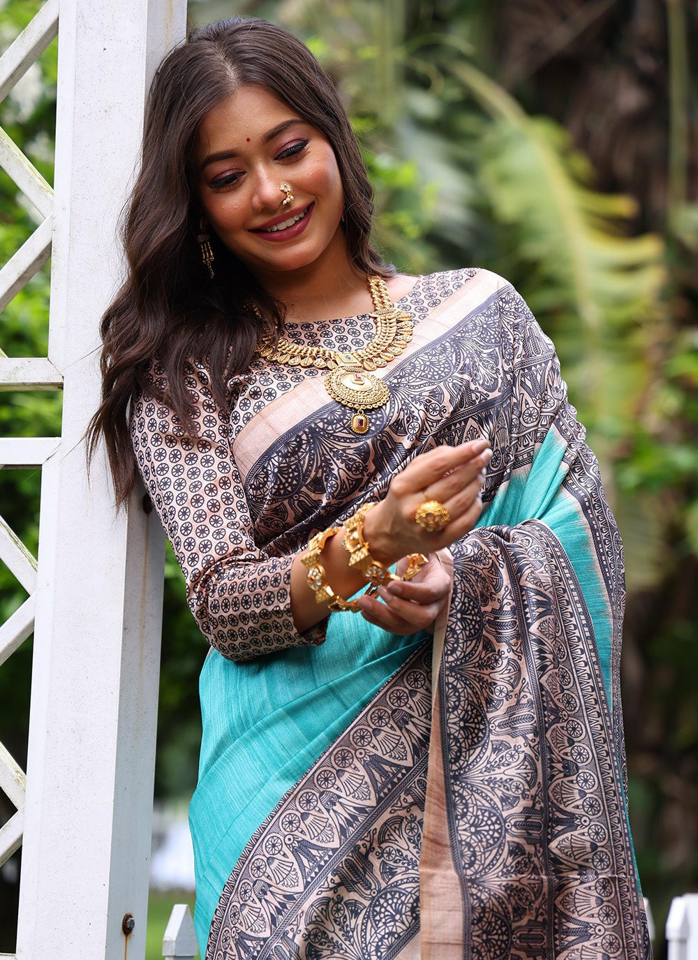 Classic Saree Printed Turquoise Tussar Silk S12540